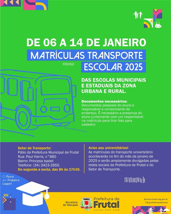 PREFEITURA DE FRUTAL ABRE MATRÍCULAS PARA TRANSPORTE ESCOLAR 2025